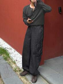 DAZY 男士纹理面料基础款半拉链T恤，深灰色花卉图案，商务正装 - 深灰色 - 查看 5