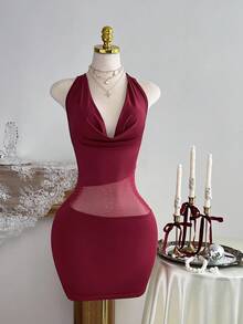 Elamini Vestido corto de mujer con cuello halter, parches de malla y rhinestones, con atar en la espalda - Burdeos - Ver 3