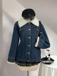 Elamini 女士时尚休闲牛仔夹克，带保暖衬里，秋季 - 深色水洗藍 - 查看 1