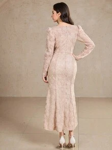 DAZY Robe mi-longue élégante à col rond en maille florale, manches bouffantes et ourlet en queue de poisson pour femmes