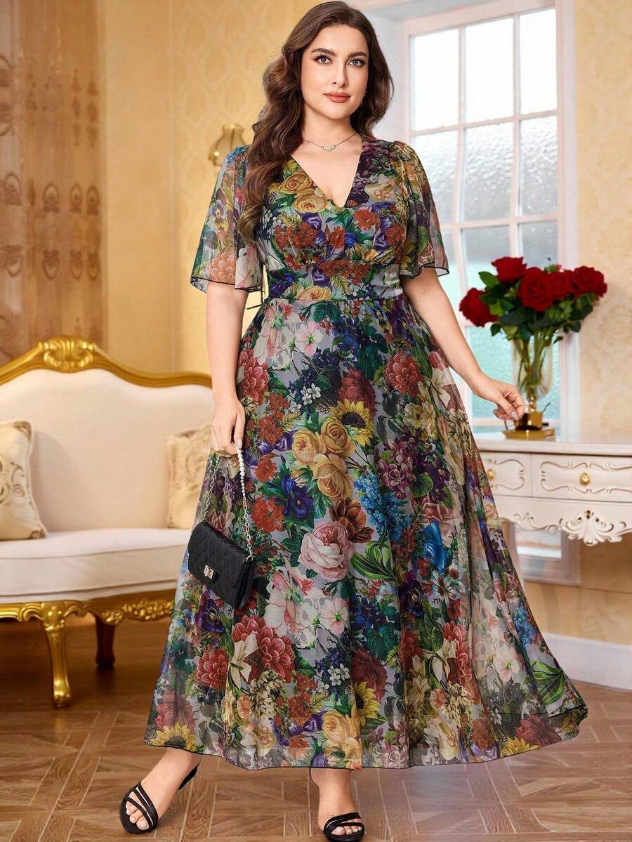 Modelyn 全新奢华优雅宽松V领短袖连衣裙 - 淡黃色 - 查看 1