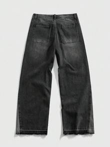 ROMWE MEN Street Life Jeans de moda para hombre con bloques de color y adornos de rhinestones - Negro - Ver 2