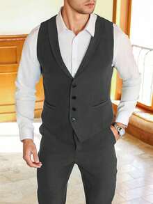 Manfinity Mode Men's Single-Breasted Casual Sleeveless Waistcoat And Suit Pants Business Formal Set - Dark Grey - View 8