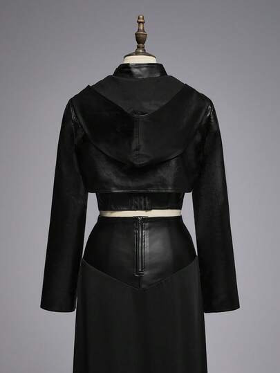 Goth Women's Gothic Punk Hooded Cropped PU Leather Jacket