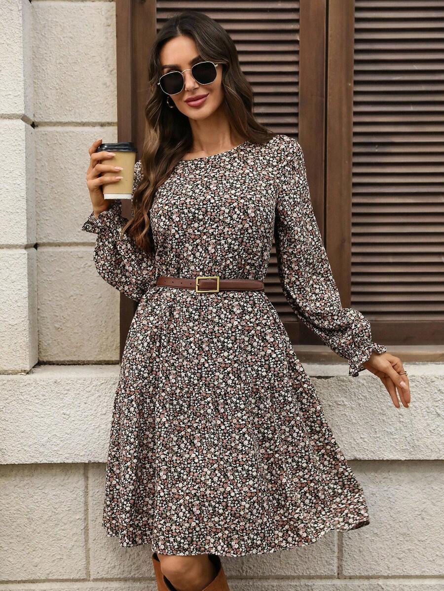 EMERY ROSE Rochie tip babydoll casual pentru femei, cu imprimeu floral și guler rotund, mânecă lungă - Maro - Vizualizare 1