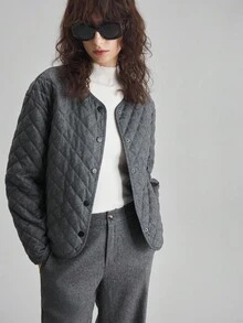 Ontre 2025新款，羊毛混纺女士绗缝外套，灰色，绗缝，宽松圆领，商务休闲，通勤，日常穿着，秋冬季，万圣节，圣诞节，情人节，感恩节，长袖，女士，百搭绗缝外套