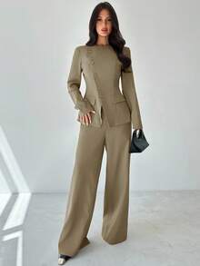 Firerie 女士优雅通勤日常百搭街头时尚新款不对称翻领纽扣腰长袖西装外套和高腰裤卡其灰色两件套西装套装，秋冬 - 卡其色 - 查看 4