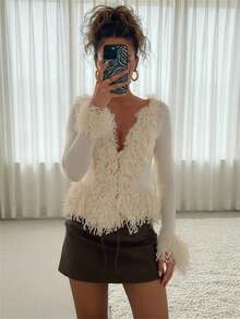 SHEIN BAE Áo khoác cardigan tua rua tay loe màu trơn dành cho nữ - Màu be - Xem 2