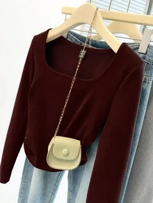 Franclia Áo thun nữ cổ vuông, tay dài, cổ tròn, màu trơn, chất liệu nỉ ấm áp, thời trang Thu/Đông - Màu Đỏ Sâu - Xem 5