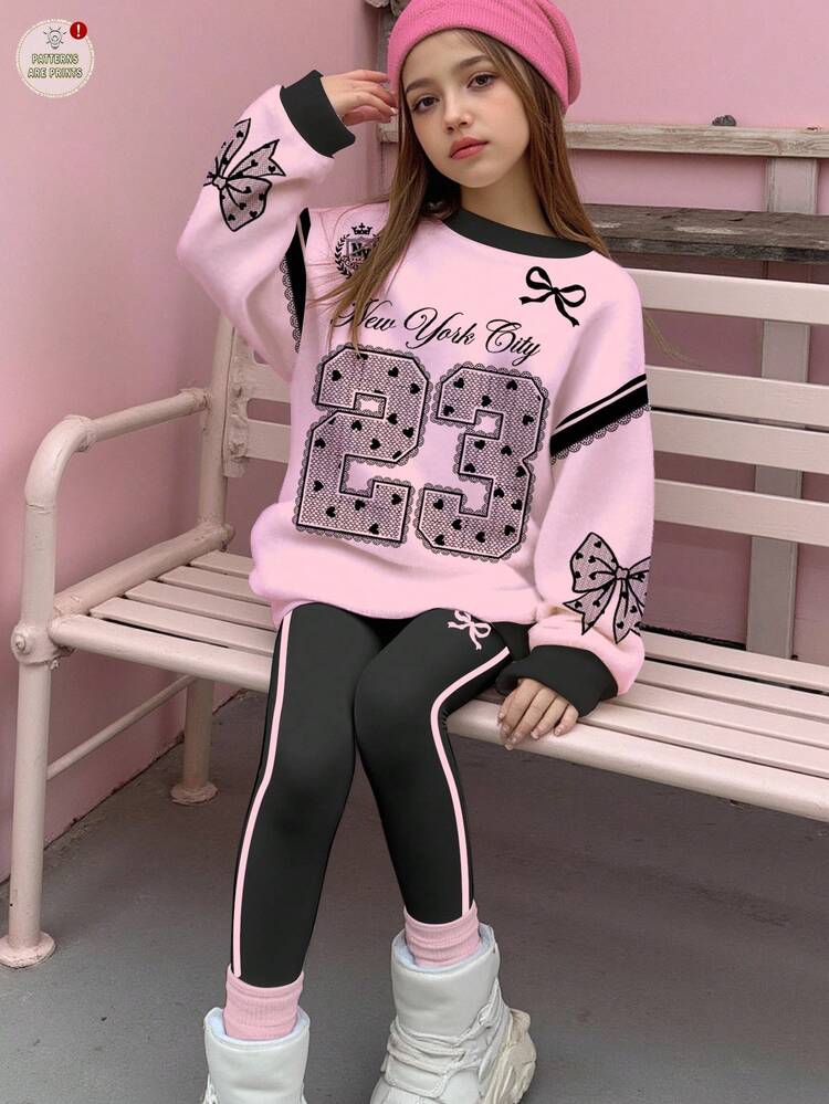 Tween Girl Casual Minimalist 23 Number & Bow Print Graphic, Fashion Basketball Jersey Style, Preppy, Streetwear, Back To School, Comfortable Long Sleeve Sweatshirt And Leggings 2-Piece Set, Suitable For Autumn/Winter