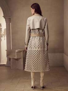 MOTF PREMIUM WOMEN'S AUTUMN/WINTER FASHION HOLLOW OUT CONTRAST COLLAR PU PATCHWORK TRENCH COAT - Light Grey - View 6