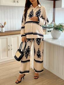 SHEIN 2件套孕妇花卉印花长袖纽扣衬衫和可调节腰部裤子休闲装 - 杏色 - 查看 3