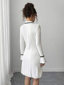 Teen Girl Fitted Waist Uneven Ribbed White Elegant Commuter Knit Fabric Comfortable Cocktail Party Dress - White - View 2