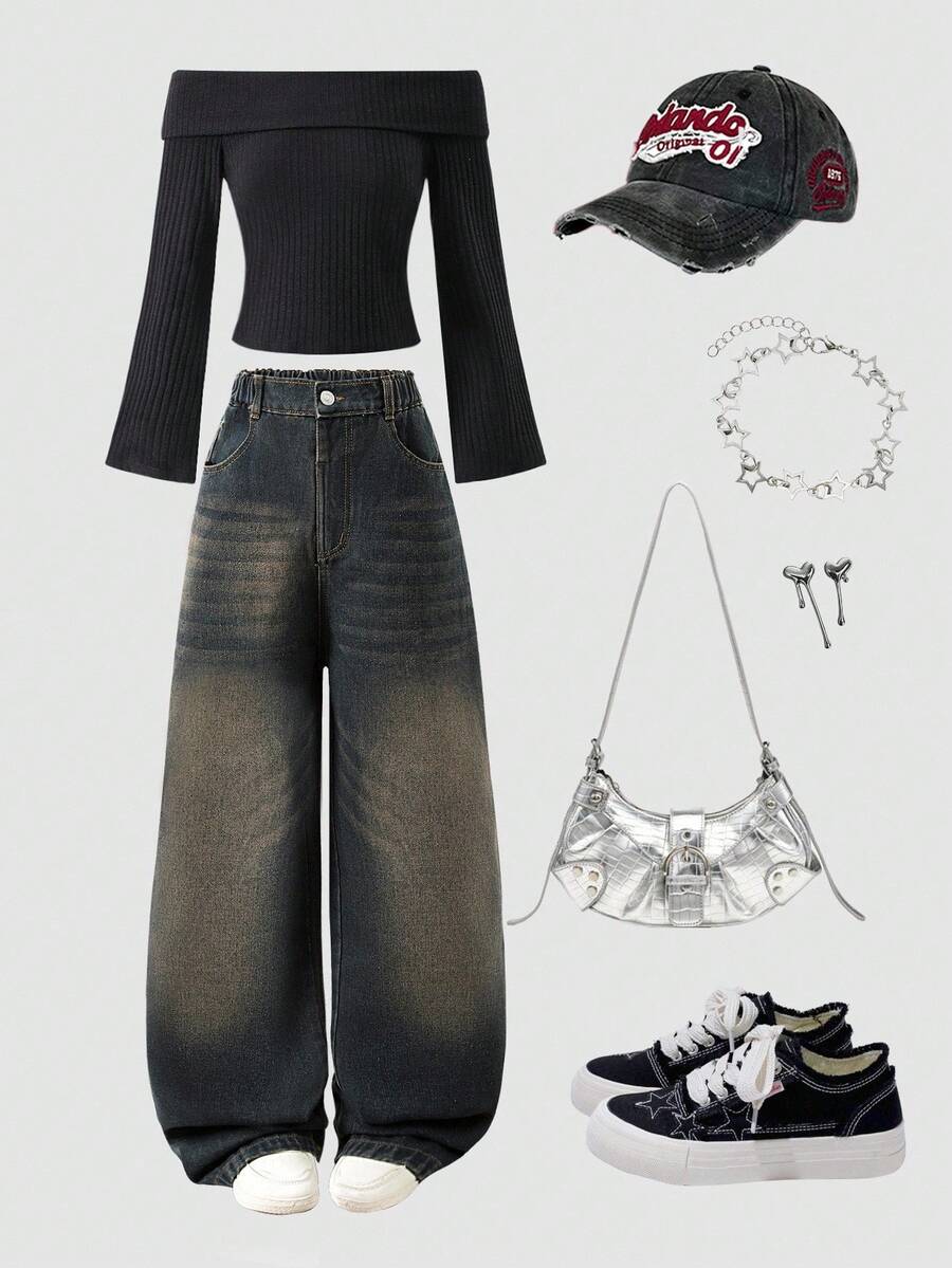 Sparklyn 少女时尚休闲露肩T恤和宽松牛仔裤套装