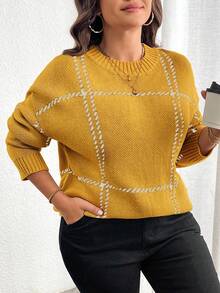 Elenzga Plus Size Women Plaid Round Neck Drop Shoulder Long Sleeve Casual Loose Pullover Sweater, Autumn/Winter - Yellow - View 5