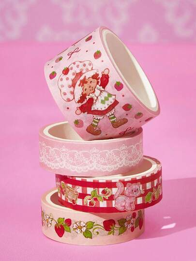 Strawberry Shortcake X SHEIN 4pcs/Set Cartoon Figure Decorative Washi Tape, 5m/Roll, Suitable For DIY, Scrapbooking, Gift Wrapping, Cute Characters, Strawberry, Lace Trim, Jam