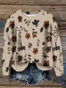 EMERY ROSE Floral Print Casual Pullover Sweater For Women, Fashionable & Versatile, Christmas - Multicolor - View 3