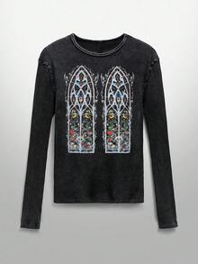 NEON BLANC Men Casual Retro Print Elastic T-Shirt, Fall, Long Sleeve Top