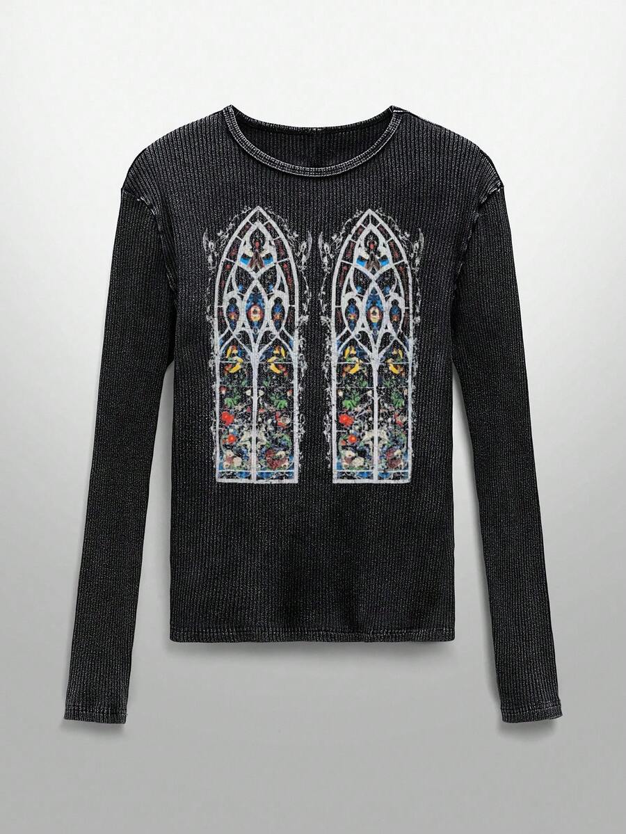 NEON BLANC Men Casual Retro Print Elastic T-Shirt, Fall, Long Sleeve Top