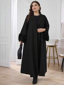 Al Najma Abaya holgada de mujer de talla grande con parches de peluche, abaya elegante y abierta para uso casual diario - Negro - Ver 3