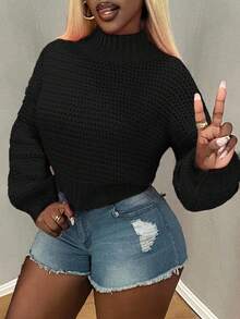 BamGleam Pulover de damă, Top de damă, Mâneci lungi tricotate, Model cu valuri, Model orizontal, Decolteu rotund, Roz, Scurt, Sexy, Lejer, Adunare prietenoasă, Four Seasons, Îmbrăcăminte de damă de toamnă și iarnă - Negru - Vizualizare 5