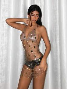 EgrlEra Váy lưới mỏng gợi cảm dành cho nữ, đính đá lấp lánh, thích hợp mặc đi bar, tiệc tùng, lễ hội âm nhạc, câu lạc bộ - Rượu sâm banh - Xem 4