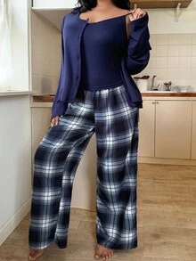 SHEIN 三件套休闲格子印花吊带背心、睡袍和睡裤套装，舒适大码睡衣格子睡裤，舒适套装，秋冬服装 - 藏蓝色 - 查看 3