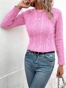 EMERY ROSE Women's Casual Cable Pattern Crew Neck Long Sleeve Sweater, Autumn/Winter - Baby Pink - View 6