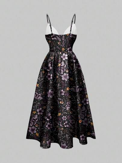 Goth Robe sans manches sexy à col bénitier avec imprimé romantique bohème de papillon violet et bleu et de fleurs, convenant pour l'automne/l'hiver et Halloween