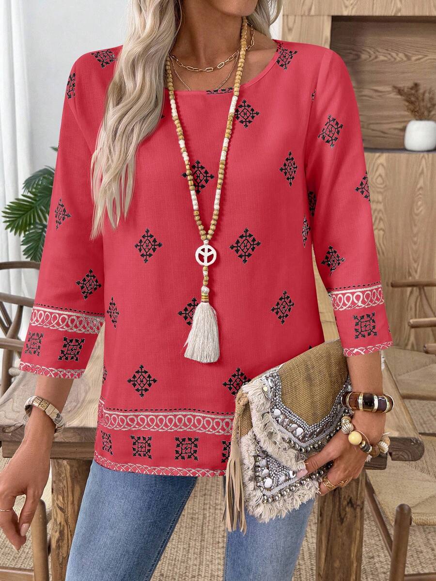 EMERY ROSE 女士休闲全印花圆领衬衫，适合秋季度假 - 粉色 - 查看 1