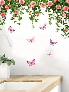 1pc Fanyu Rose Vine Butterfly Wall Stickers - Self-Adhesive Removable PVC Decals With Pink Roses, Green Leaves & Purple Butterflies For Walls, Plastic Surfaces - Fantasy Floral Decor, Semi-Matte Finish, Butterfly Decorations