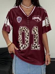 Coolane 女款春夏街头风 Y2K 豹纹印花数字足球球衣 V 领粉色 T 恤