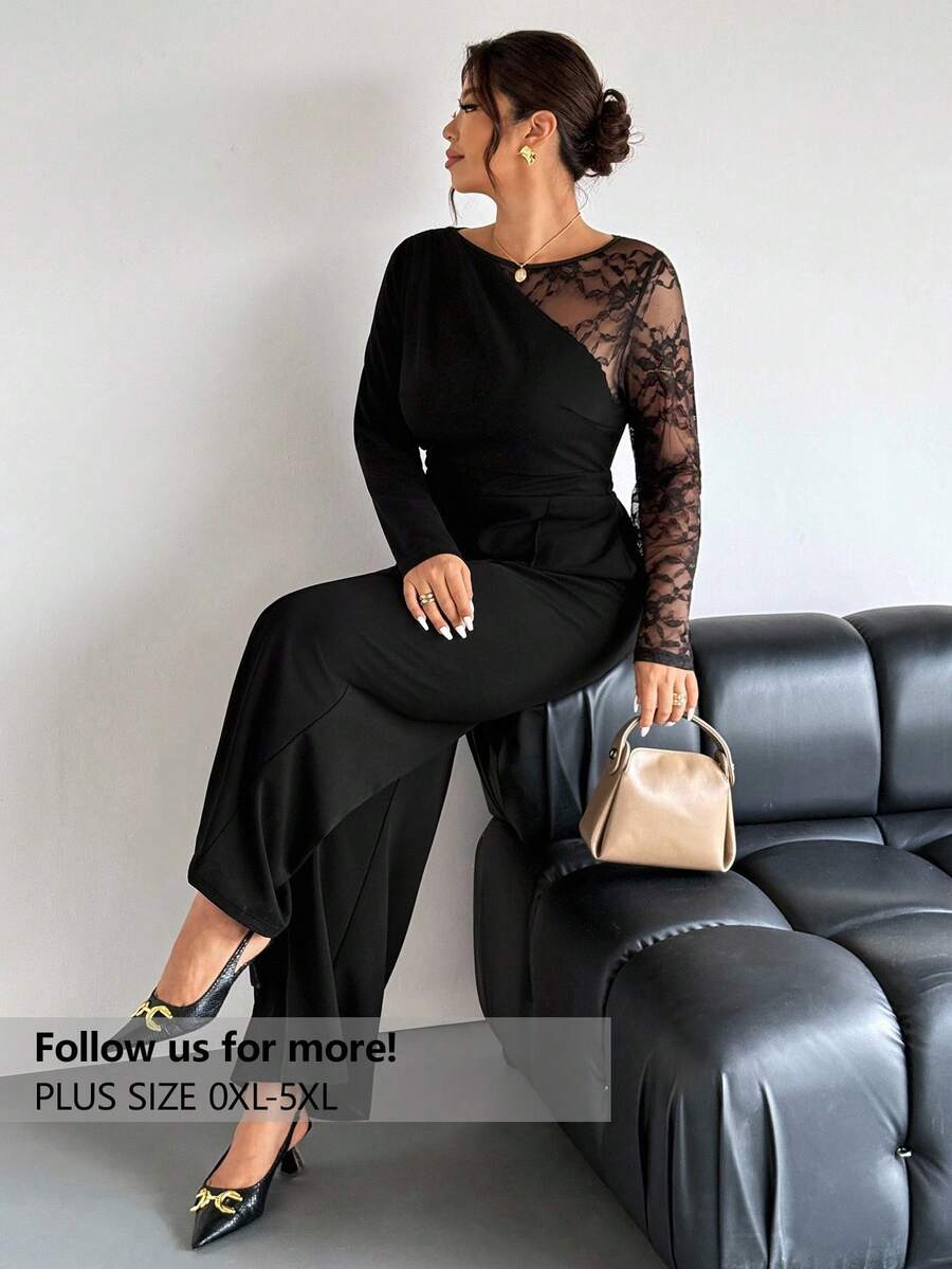 Firerie Plus Size Elegant Casual Commuter Professional Office Work Daily Vacation Sexy Party Business Lace Patchwork Long Sleeve Slim Straight Stretch Jumpsuit For Women Clothes For Women Spring - Black - View 1