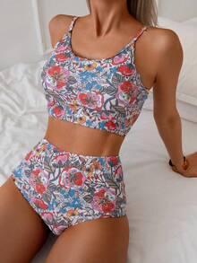 Swim Vcay Random Printed Tankini Set For Beach In Summer Vacation Two Pieces Sethigh Waisted Bikini Set - Multicolor - View 5