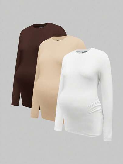 Modmama 3pcs/Set Maternity Casual Round Neck Long Sleeve Fitted Pregnancy T-Shirt Solid Color Maternity Tops Maternity Tops Maternity Long Sleeve Tops Maternity Shirts Curve Maternity Clothes