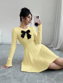 Elenzga 女式优雅蝴蝶结装饰粗针织毛衣裙，秋冬 - 淡黃色 - 查看 3