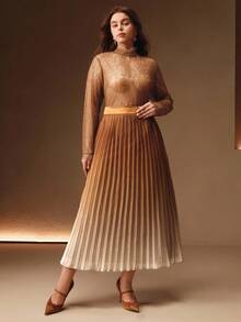 Anewsta Plus Size Women Elegant Fashion Versatile Ombre Pleated Skirt - Coffee Brown - View 3