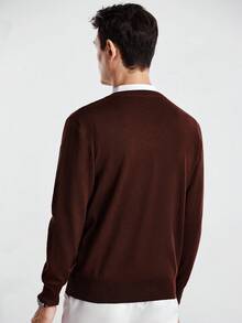 Manfinity CityGents Áo len cardigan dệt kim dài tay màu trơn thường ngày cho nam, Thu/Đông - Cà phê nâu - Xem 2