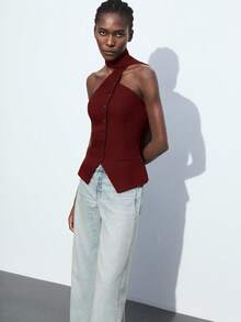 Maija 2025秋冬新款酒红色不对称镂空露背垂褶前开襟开衫背心，收腰显瘦设计，百搭实用，适合通勤、日常、浪漫、休闲、圣诞节、新年、感恩节、派对、海滩、毕业典礼、时尚等多种场合，也适合婚礼宾客、主人、约会、聚会、音乐会、早午餐、机场等多种场合。