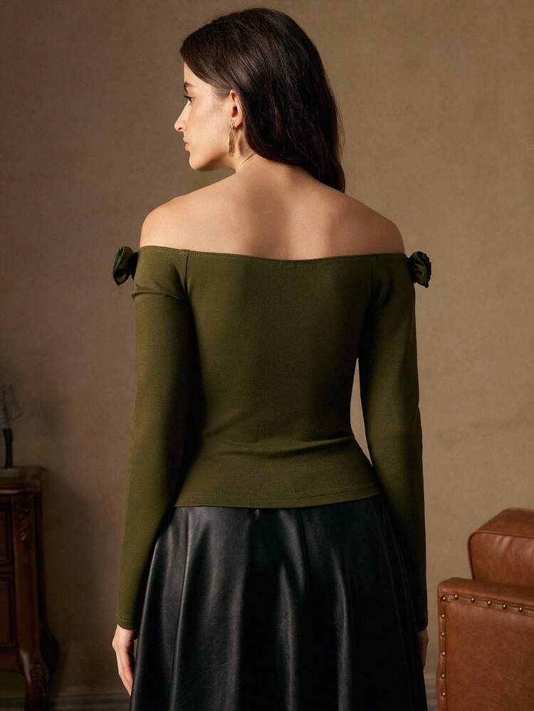 女性用エレガントなオフショルダーニットセーター、3Dフラワーデコレーション、オープンショルダー フレンチミリタリーグリーン、長袖 万能トップス、秋冬夏、新年会、パーティー、結婚式、エレガント、シック、スタイリッシュ、クリスマス、祭り、休日に適しています