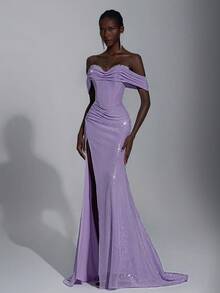 Elitara Elegant And Gorgeous Purple Sequined One-Shoulder Hand-Pleated Pearl Embellishment Fishtail Style Side High Slit Suitable For Wedding Events, Autumn And Winter Party Dresses, Wedding Guests, Women's Luxury Evening Dresses, Halloween And Christmas Dresses