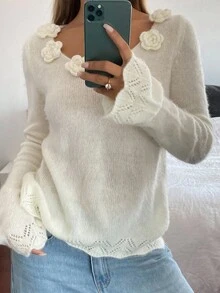 DAZY Suéter de manga larga con cuello redondo y decoración floral 3D para mujer, otoño/invierno - Blanco - Ver 1