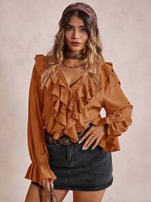 Freevana Blusa elegante y casual de cuello de jabot con volantes en las mangas para mujer de talla grande, para primavera/otoño