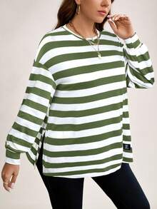 SHEIN LUNE Áo thun cổ tròn tay dài in họa tiết sọc rộng rãi thời trang thường ngày có đường xẻ bên hông cho ngày lễ Tạ ơn mùa thu/đông dành cho nữ cỡ lớn - xanh quân đội - Xem 7