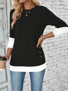 EMERY ROSE Camiseta casual de mujer con parches de color contrastante 2 en 1, camisetas gráficas de otoño para mujeres