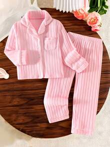 Young Girl Solid Button Front Top & Pants PJ Set - Pink - View 6