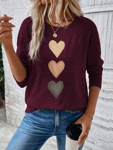 EMERY ROSE T-shirt à manches longues à col rond et épaules tombantes avec motif cœur, style décontracté et polyvalent pour femmes