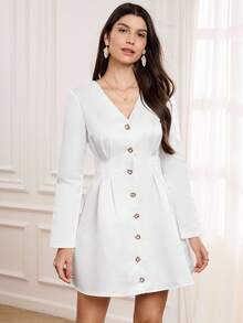 Miaspire Elegant V-Neck Metal Buckle Waist Dress, Suitable For Parties, Gatherings, Autumn/Winter Elegant White Cardigan Dress,Women's Fall Dress,Prom Dress,Chic Women's Dress,White Dress New Year, Zip-Up Dress - White - View 5