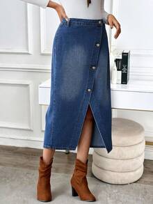 EMERY ROSE 女式休闲水洗前扣牛仔迷你裙，秋季 - 中等水洗藍 - 查看 3