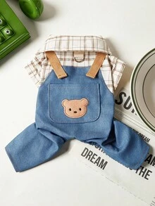 PETSIN 1 件宠物服装，可爱刺绣泰迪熊头连体衣，适合猫、狗和春秋季 - 藍色 - 查看 2